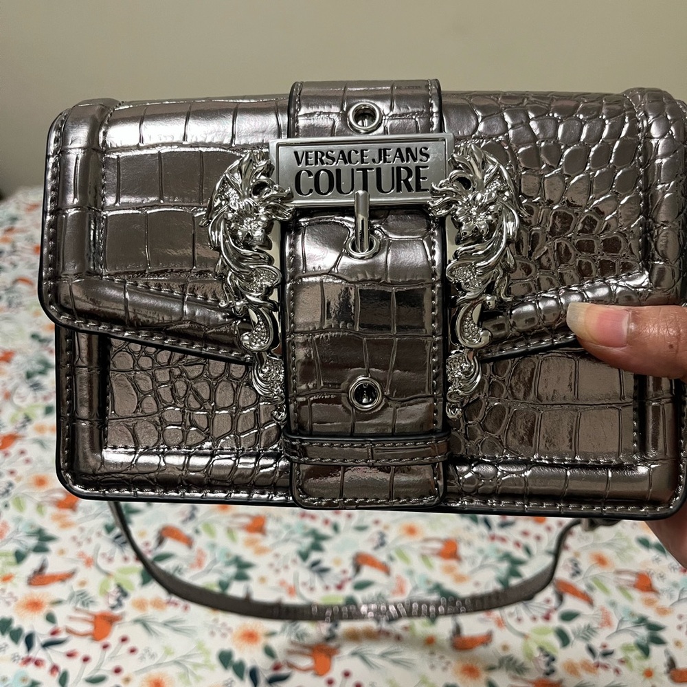 Versace Jeans Collection Metallic Croc-Embossed Clutch